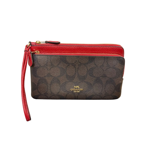 Coach Signature Double Zip Leather Wristlet In Red & Brown