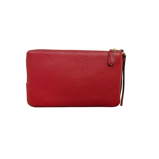 Coach Signature Double Zip Leather Wristlet In Red & Brown