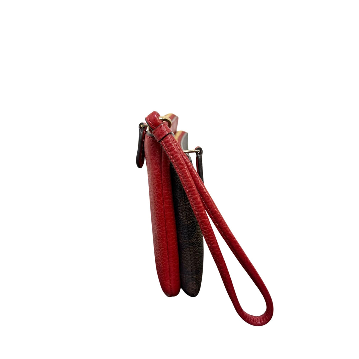 Coach Signature Double Zip Leather Wristlet In Red & Brown