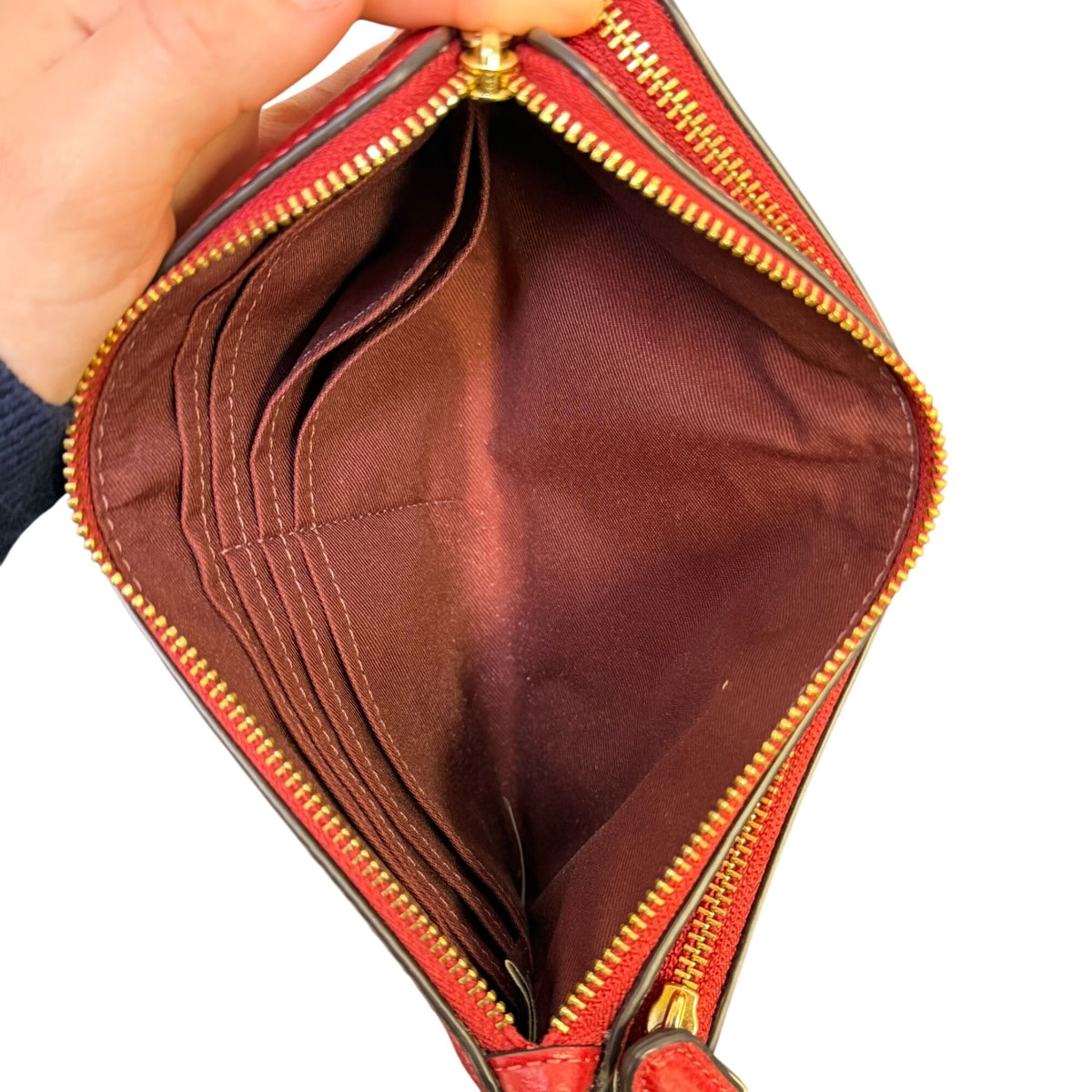 Coach Signature Double Zip Leather Wristlet In Red & Brown