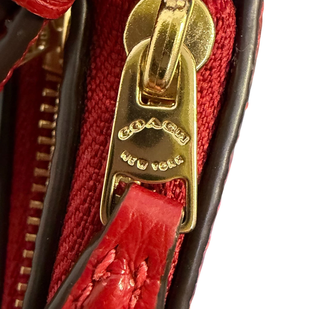 Coach Signature Double Zip Leather Wristlet In Red & Brown