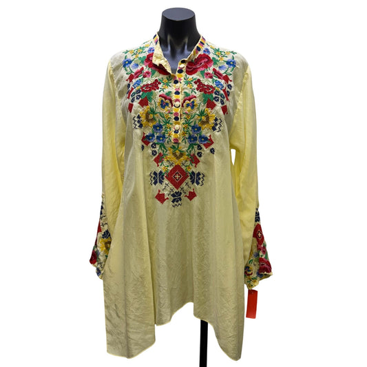 Johnny Was Biya Yellow Embroidered Floral Tunic Blouse Long Sleeve Size L