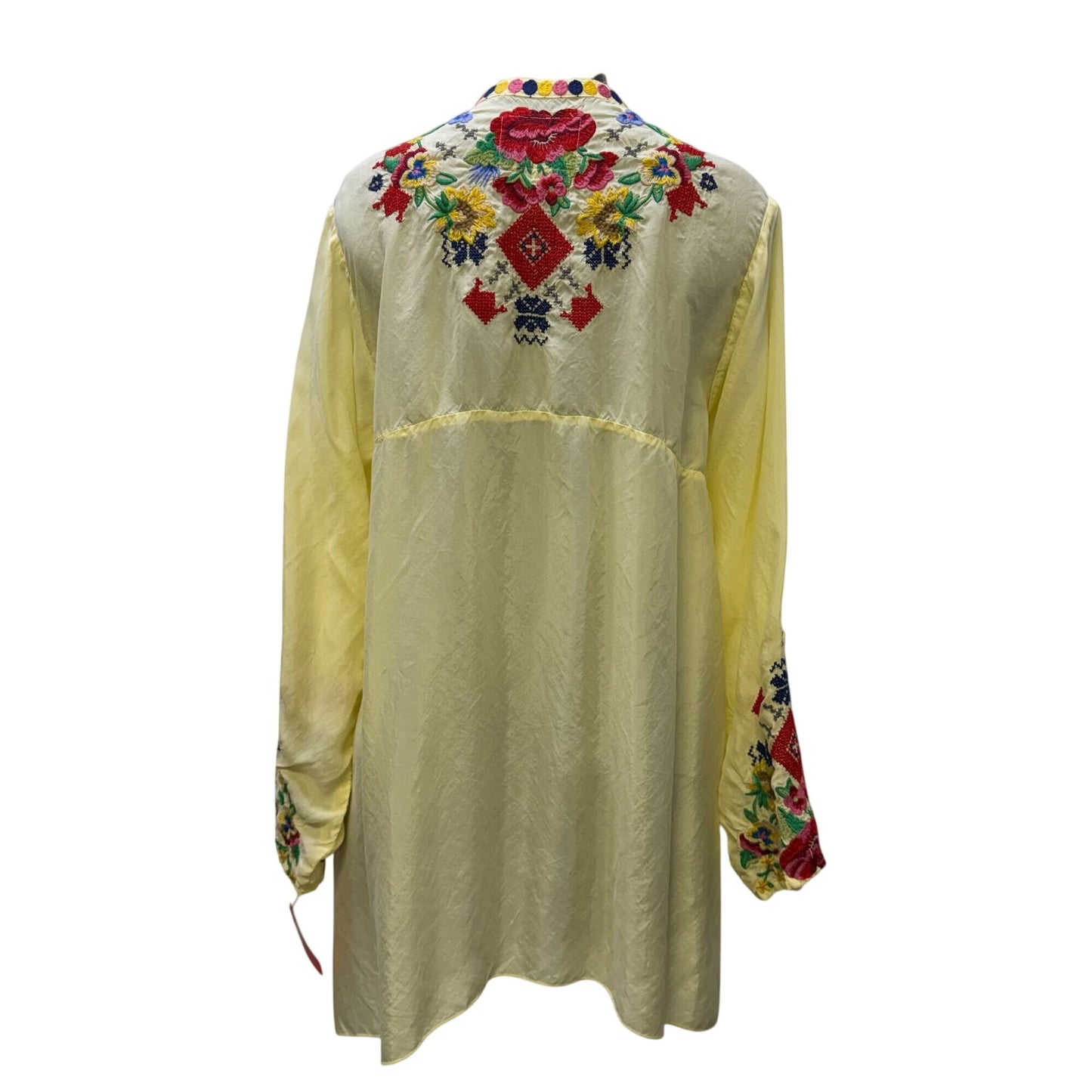 Johnny Was Biya Yellow Embroidered Floral Tunic Blouse Long Sleeve Size L