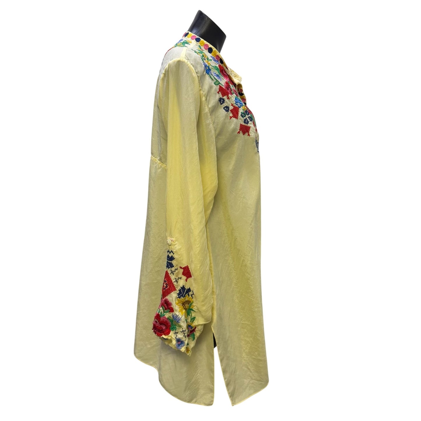 Johnny Was Biya Yellow Embroidered Floral Tunic Blouse Long Sleeve Size L