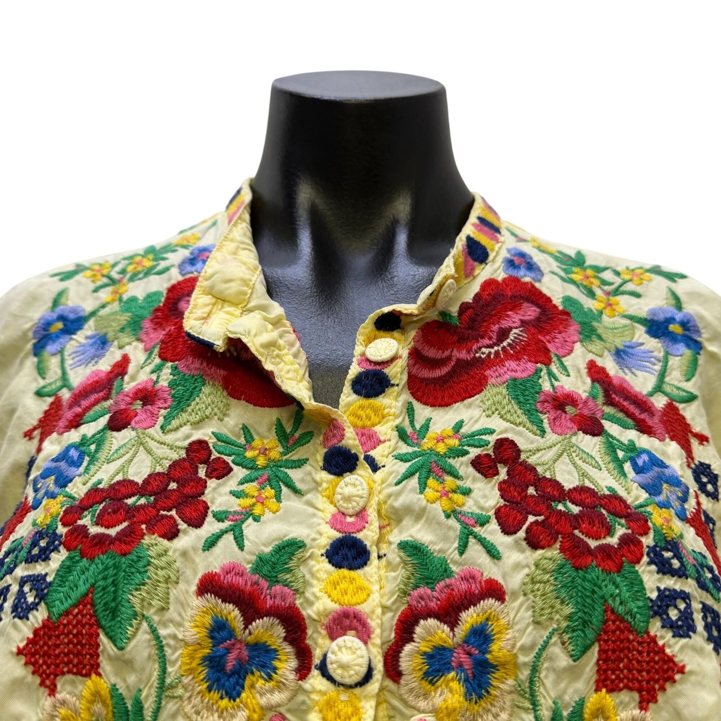 Johnny Was Biya Yellow Embroidered Floral Tunic Blouse Long Sleeve Size L