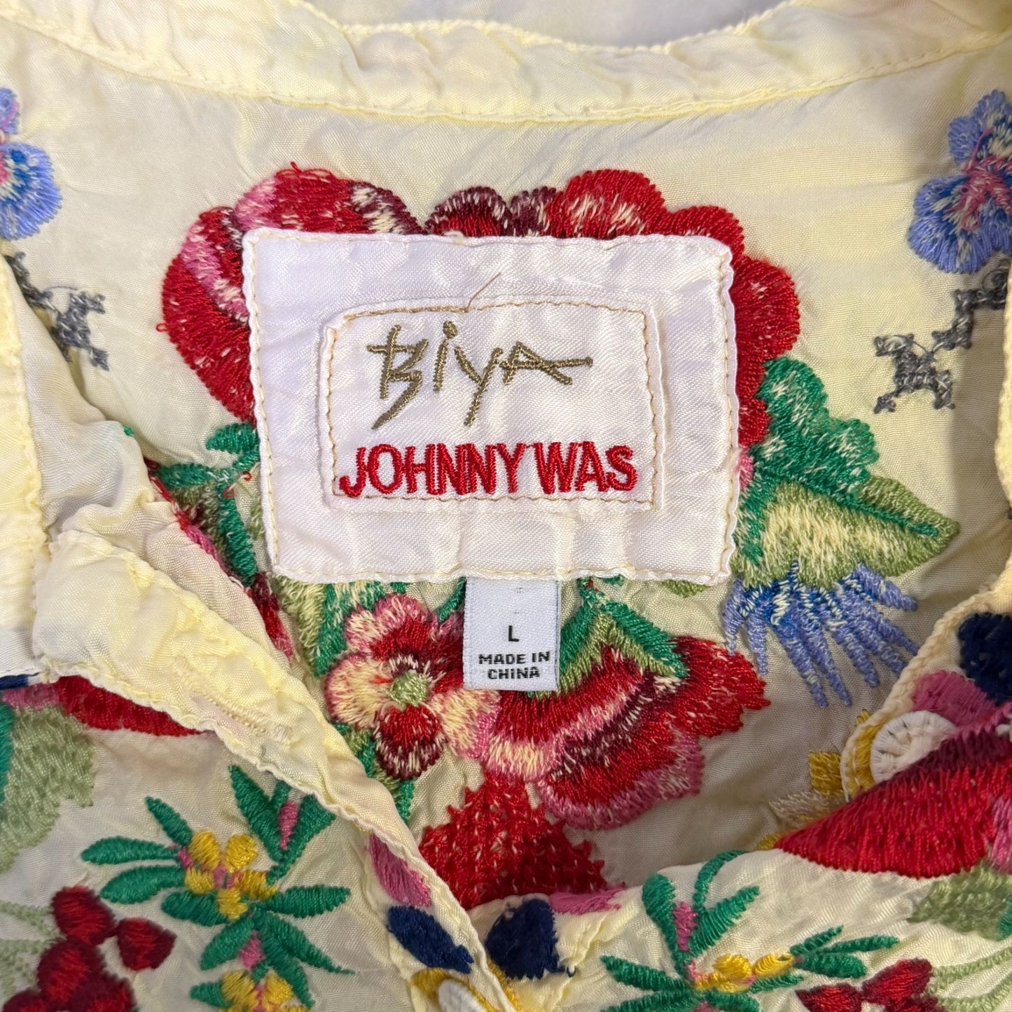 Johnny Was Biya Yellow Embroidered Floral Tunic Blouse Long Sleeve Size L