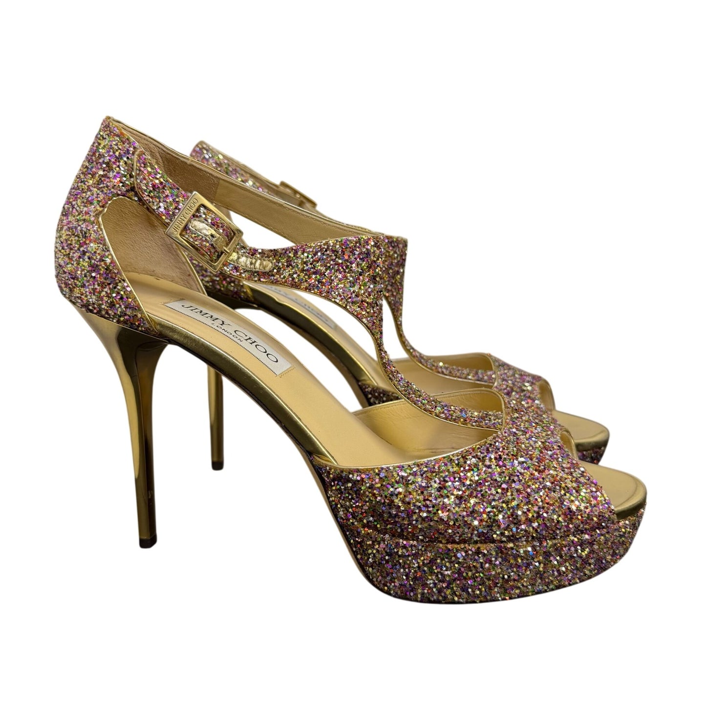 Jimmy Choo Glitter Peep Toe Platform Heels Multi-Color Size 40.5 EU/10.5