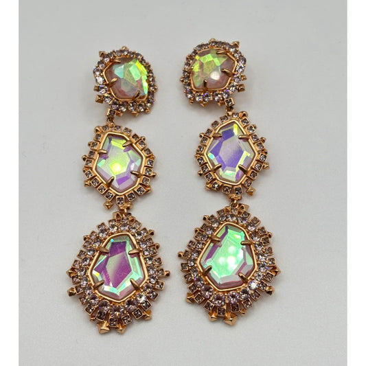 Kendra Scott Crystal Iridescent Gold Triple Drop Clip On Earrings