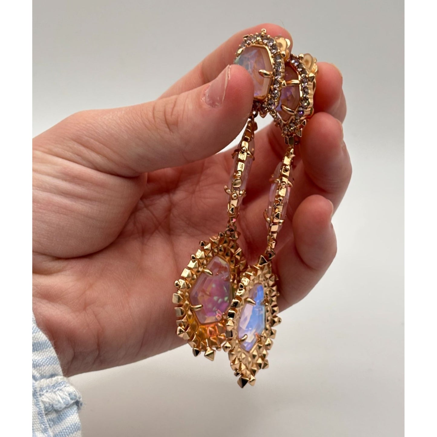 Kendra Scott Crystal Iridescent Gold Triple Drop Clip On Earrings