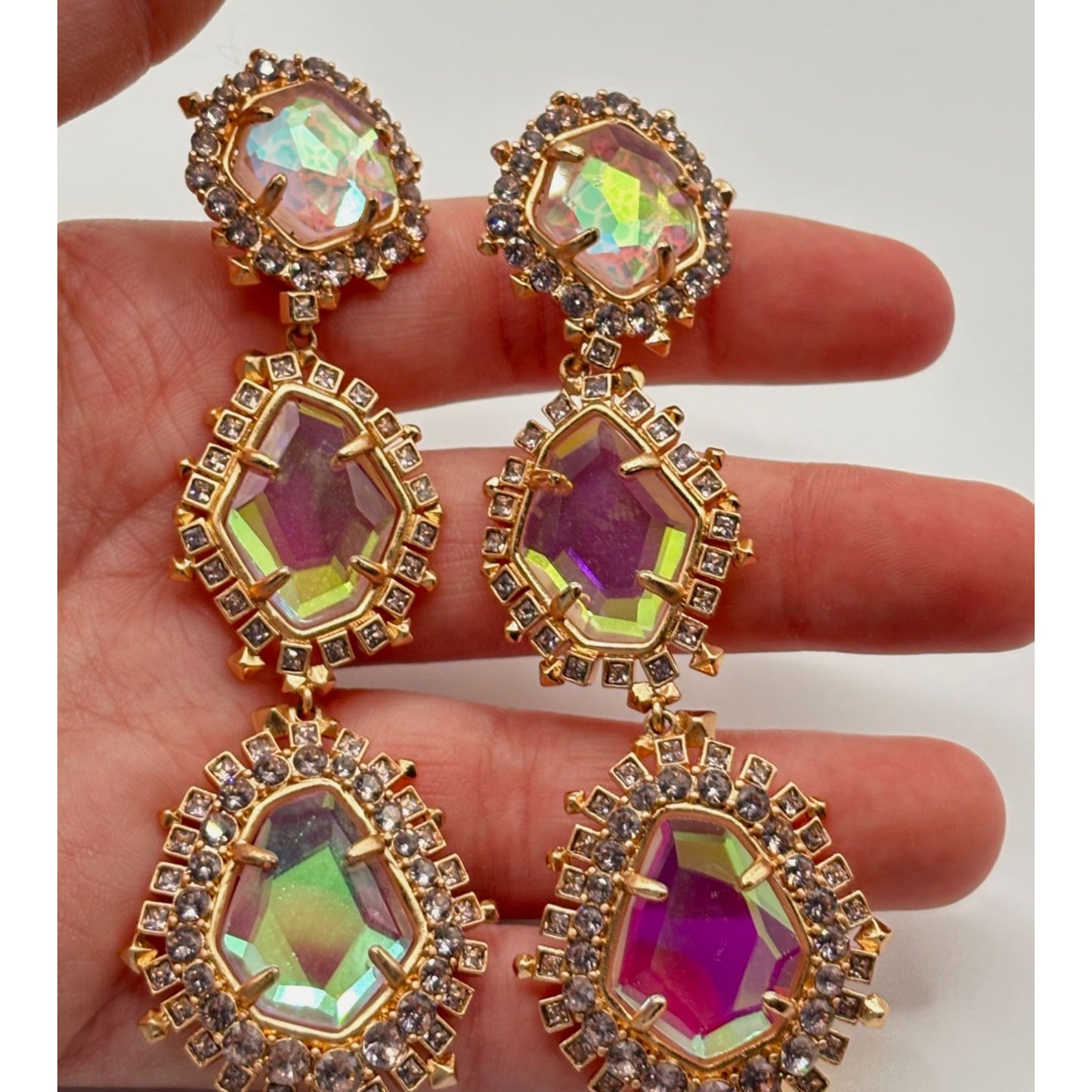 Kendra Scott Crystal Iridescent Gold Triple Drop Clip On Earrings