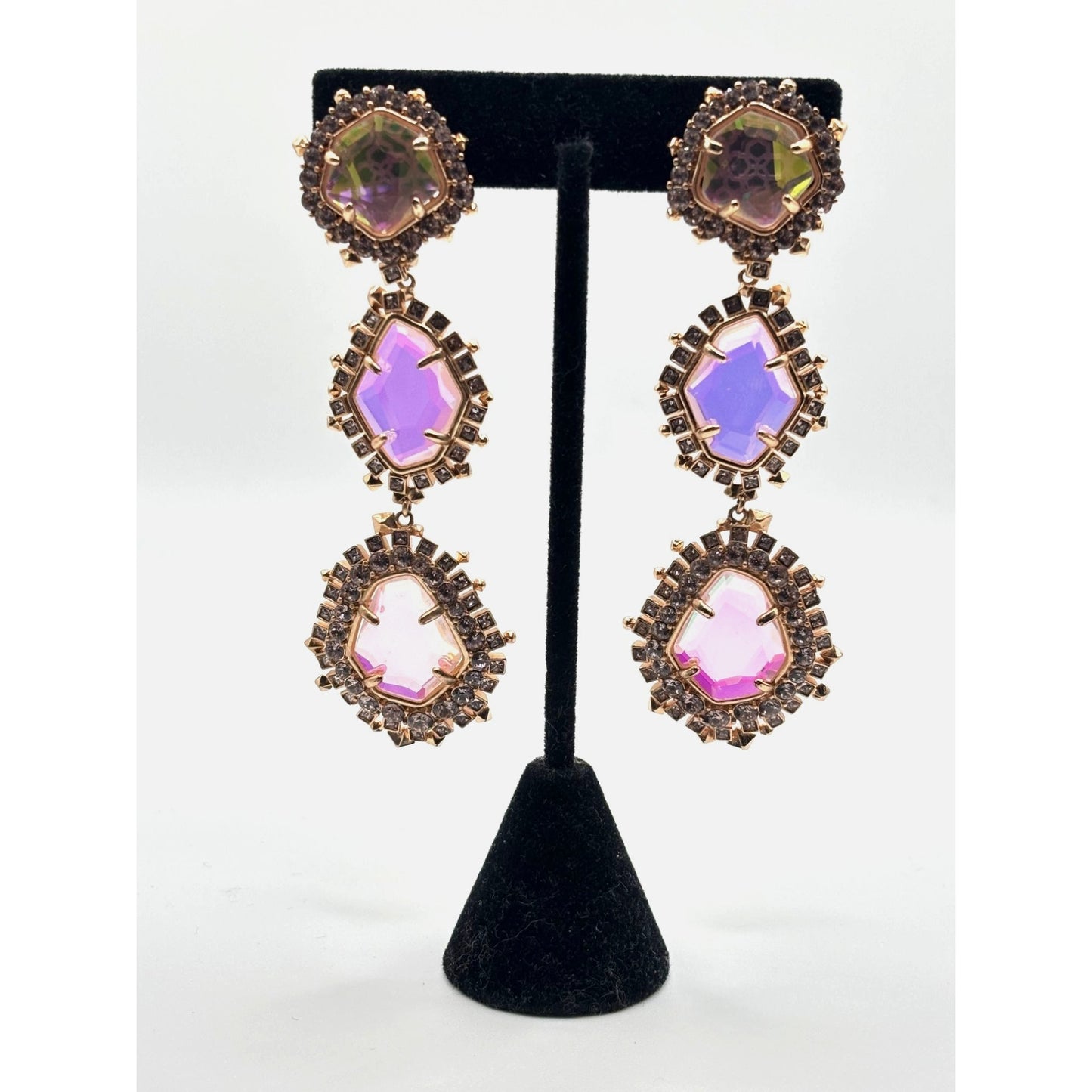 Kendra Scott Crystal Iridescent Gold Triple Drop Clip On Earrings