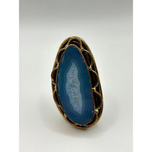 Handcrafted Blue Druzy Agate Statement Ring Mixed Metal Artisan Design