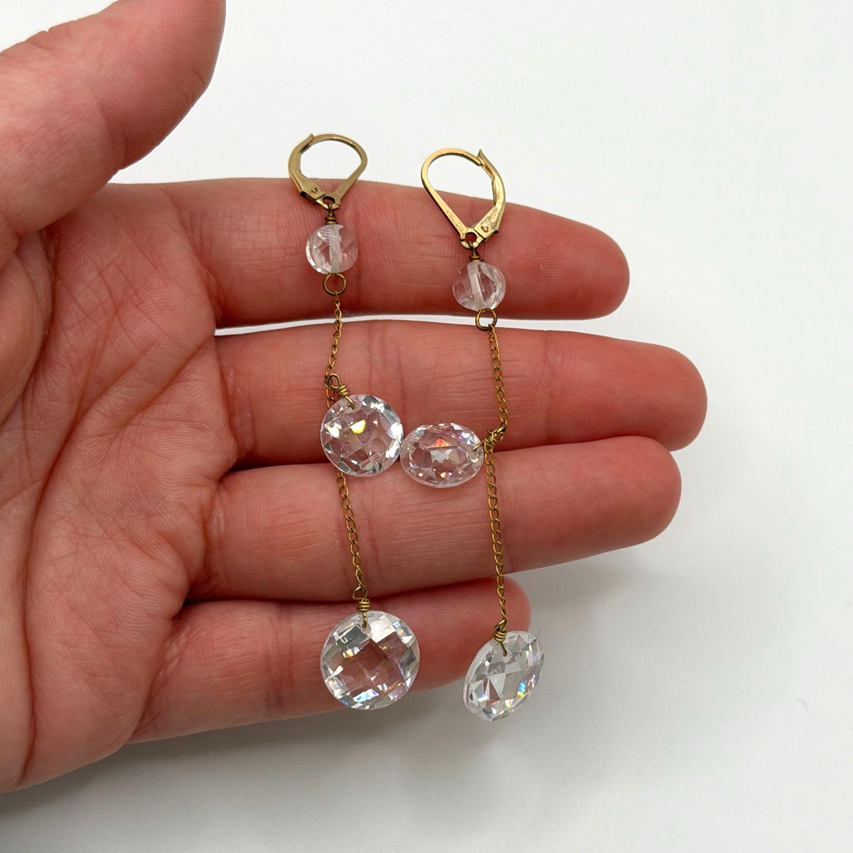 14K Gold-Filled Dangle Earrings With Clear Crystal Accents Lever Back