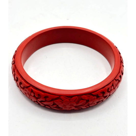 Vintage Cinnabar Red Carved Floral Bangle Bracelet