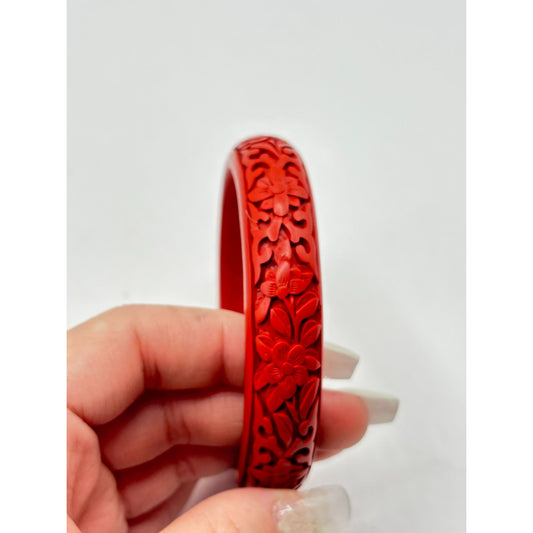 Vintage Cinnabar Red Carved Floral Bangle Bracelet