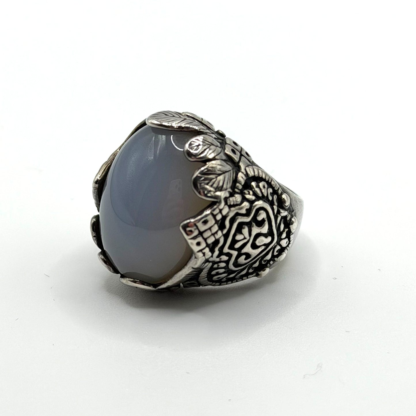 Vintage Silver Statement Ring With Ornate Engravings & Oval Stone