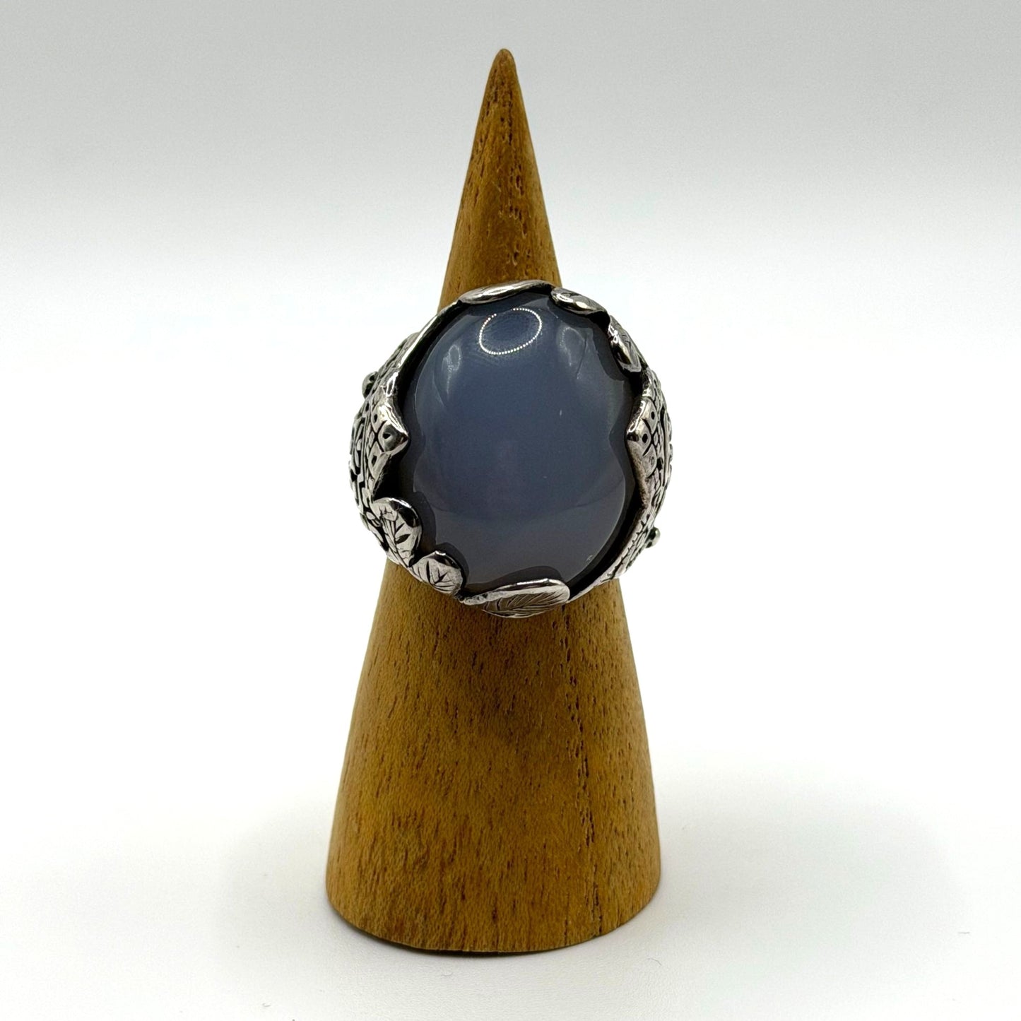 Vintage Silver Statement Ring With Ornate Engravings & Oval Stone