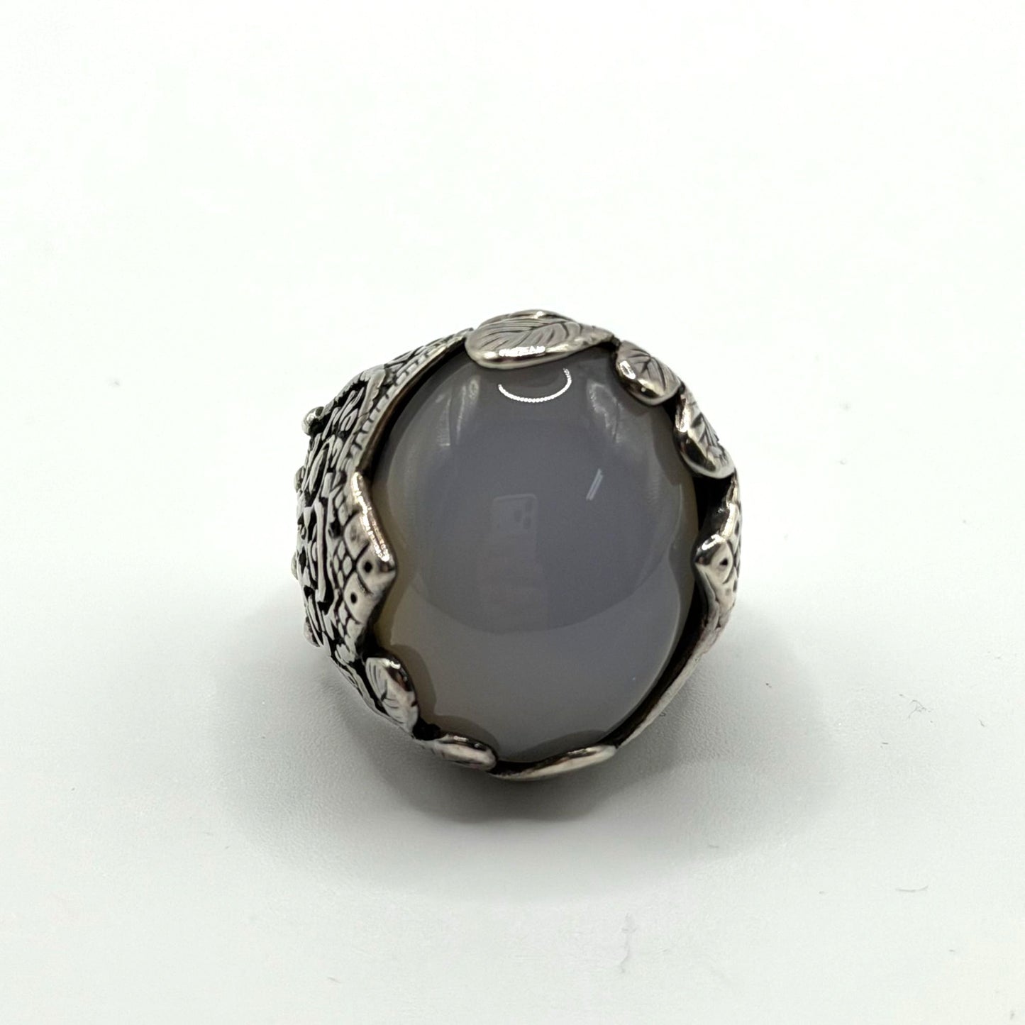 Vintage Silver Statement Ring With Ornate Engravings & Oval Stone