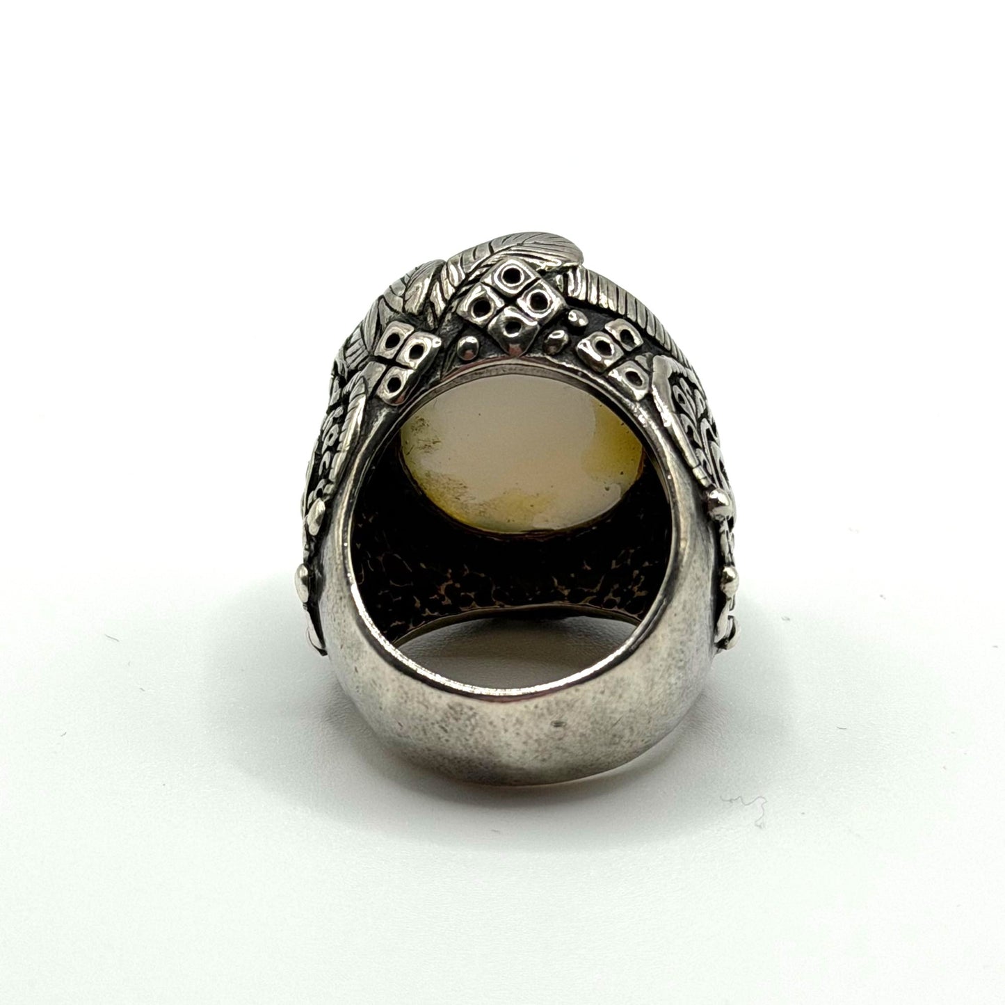 Vintage Silver Statement Ring With Ornate Engravings & Oval Stone