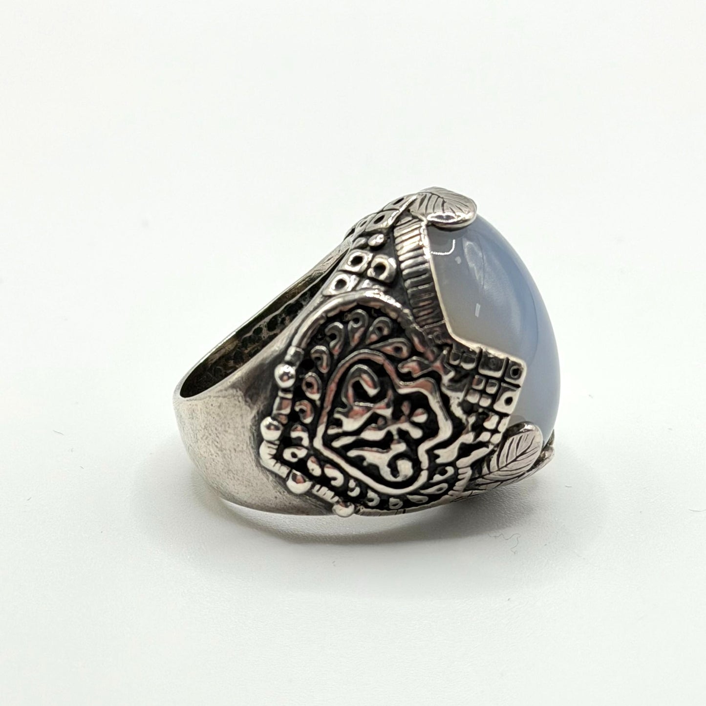 Vintage Silver Statement Ring With Ornate Engravings & Oval Stone