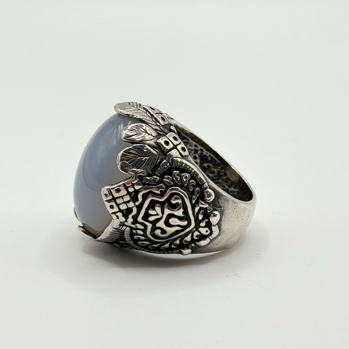 Vintage Silver Statement Ring With Ornate Engravings & Oval Stone