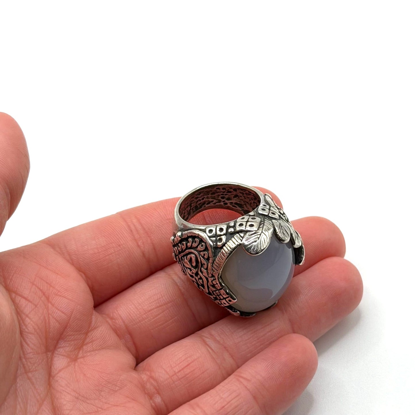 Vintage Silver Statement Ring With Ornate Engravings & Oval Stone