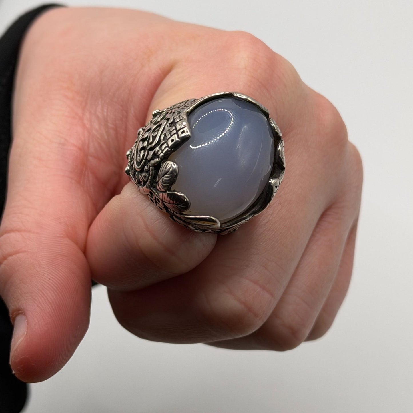 Vintage Silver Statement Ring With Ornate Engravings & Oval Stone