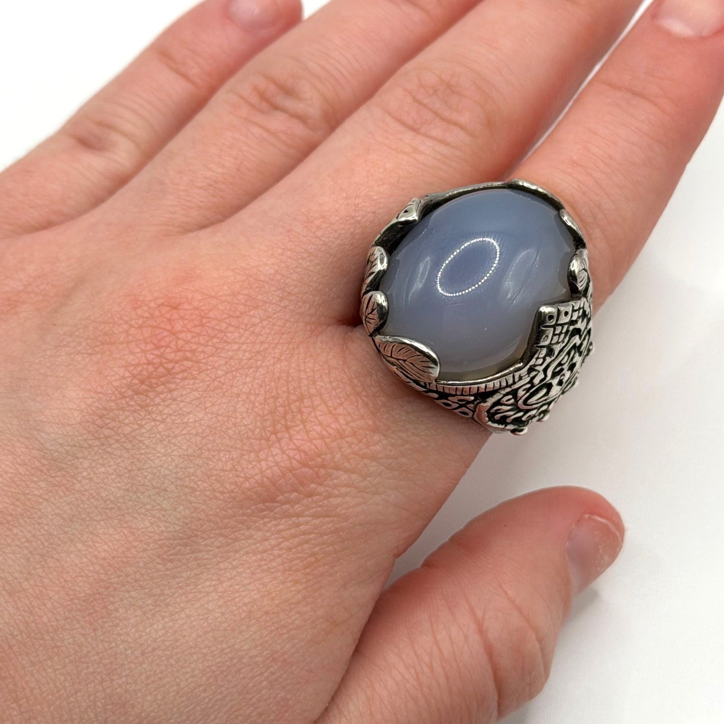 Vintage Silver Statement Ring With Ornate Engravings & Oval Stone