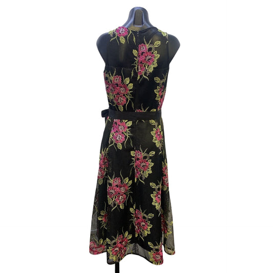 Tahari Arthur S. Levine Black & Pink Floral Embroidered Mesh Dress, Size 6