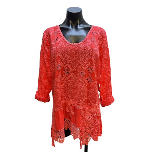 Johnny Was Red Lace Embroidered Long Sleeve Blouse Size M