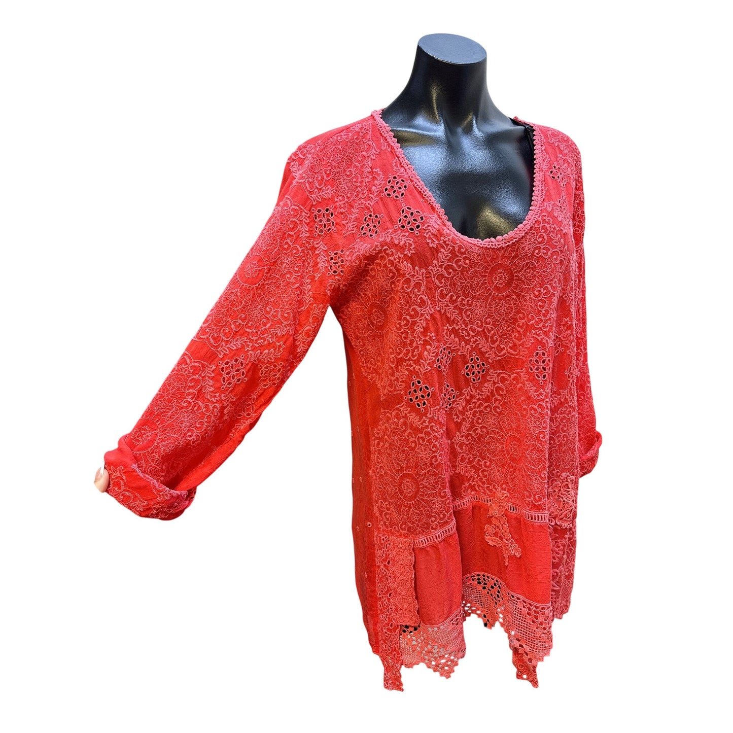 Johnny Was Red Lace Embroidered Long Sleeve Blouse Size M