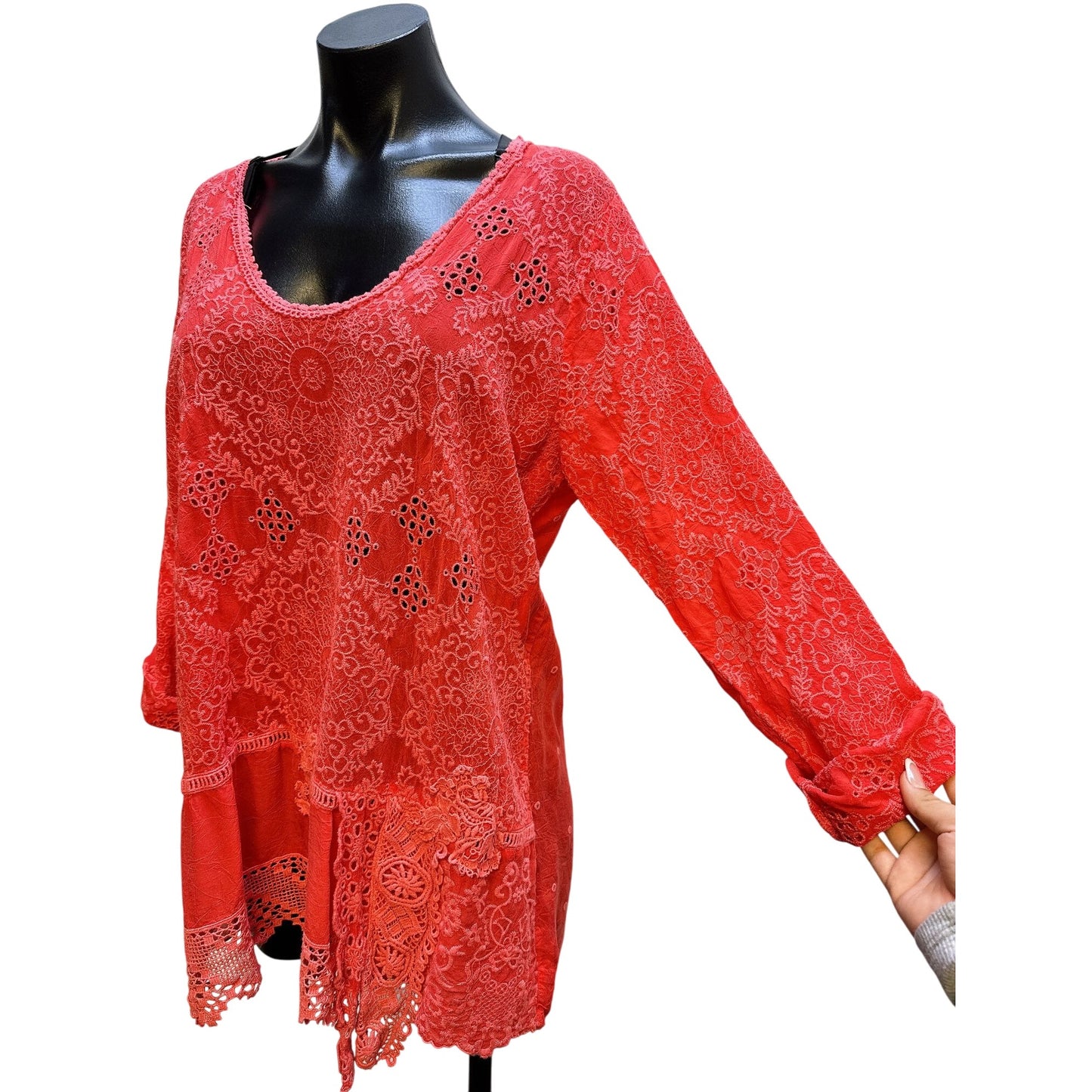 Johnny Was Red Lace Embroidered Long Sleeve Blouse Size M