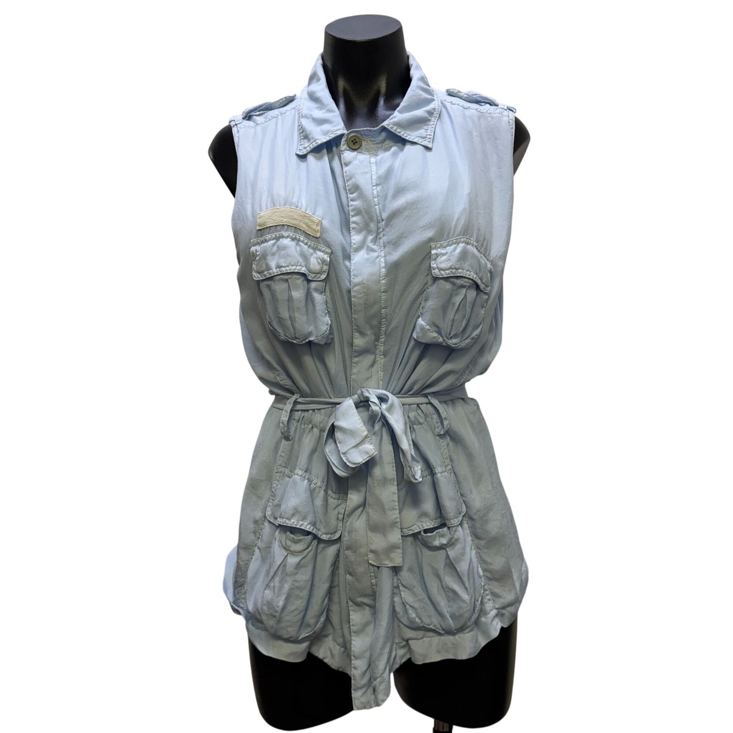 Pete & Greta Blue Sleeveless Utility Vest With Pockets & Tie Waist S