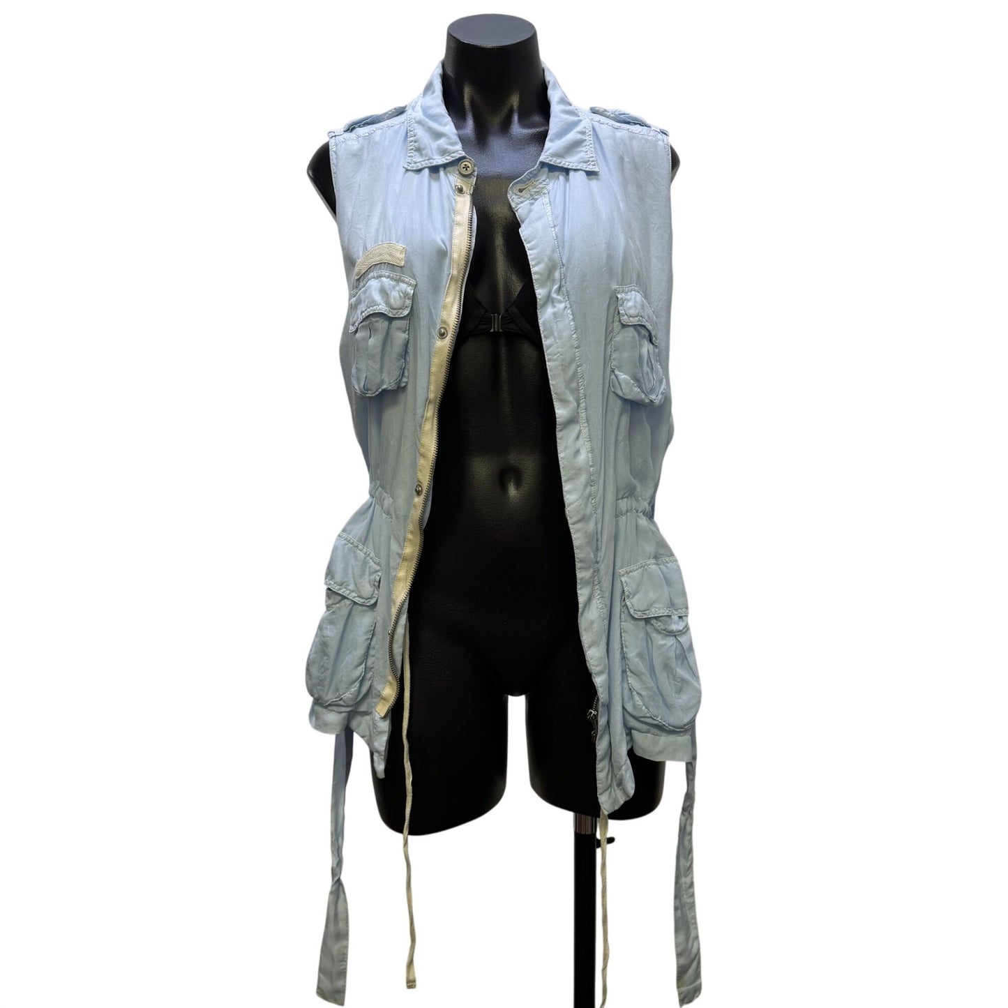 Pete & Greta Blue Sleeveless Utility Vest With Pockets & Tie Waist S