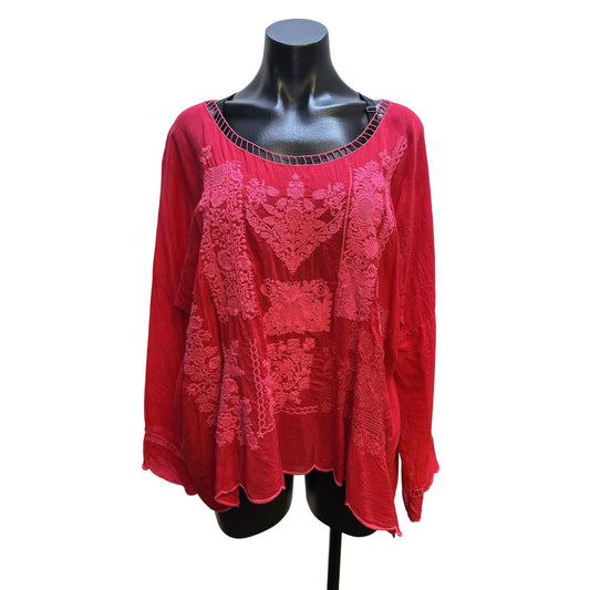 Johnny Was Boho Red/Pink  Embroidered Tunic Blouse Size L