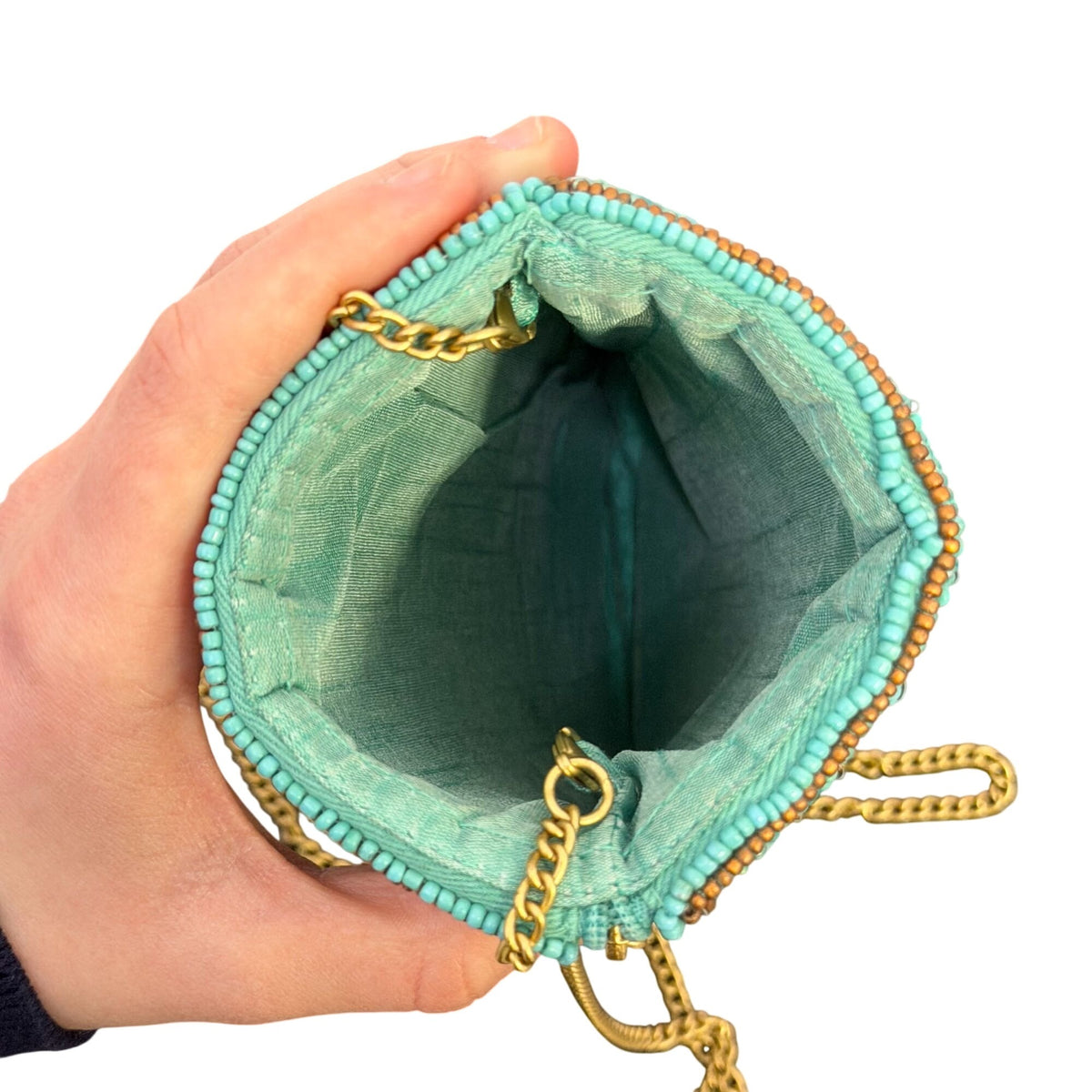 Mary Frances Beaded Clutch With Gold Chain Strap Blue & Gold