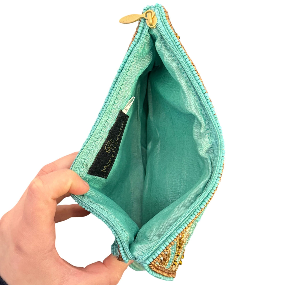 Mary Frances Beaded Clutch With Gold Chain Strap Blue & Gold