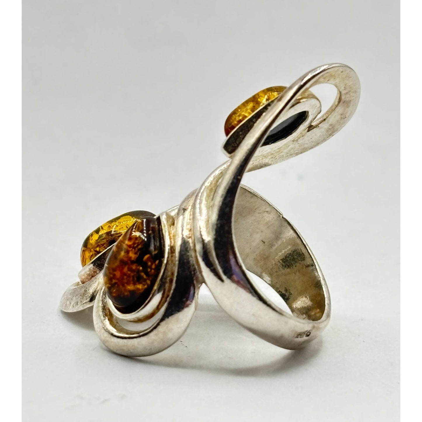 Sterling Silver 925 Amber Statement Ring Modern Swirl Design Size 5