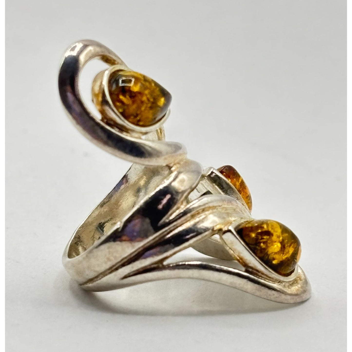 Sterling Silver 925 Amber Statement Ring Modern Swirl Design Size 5