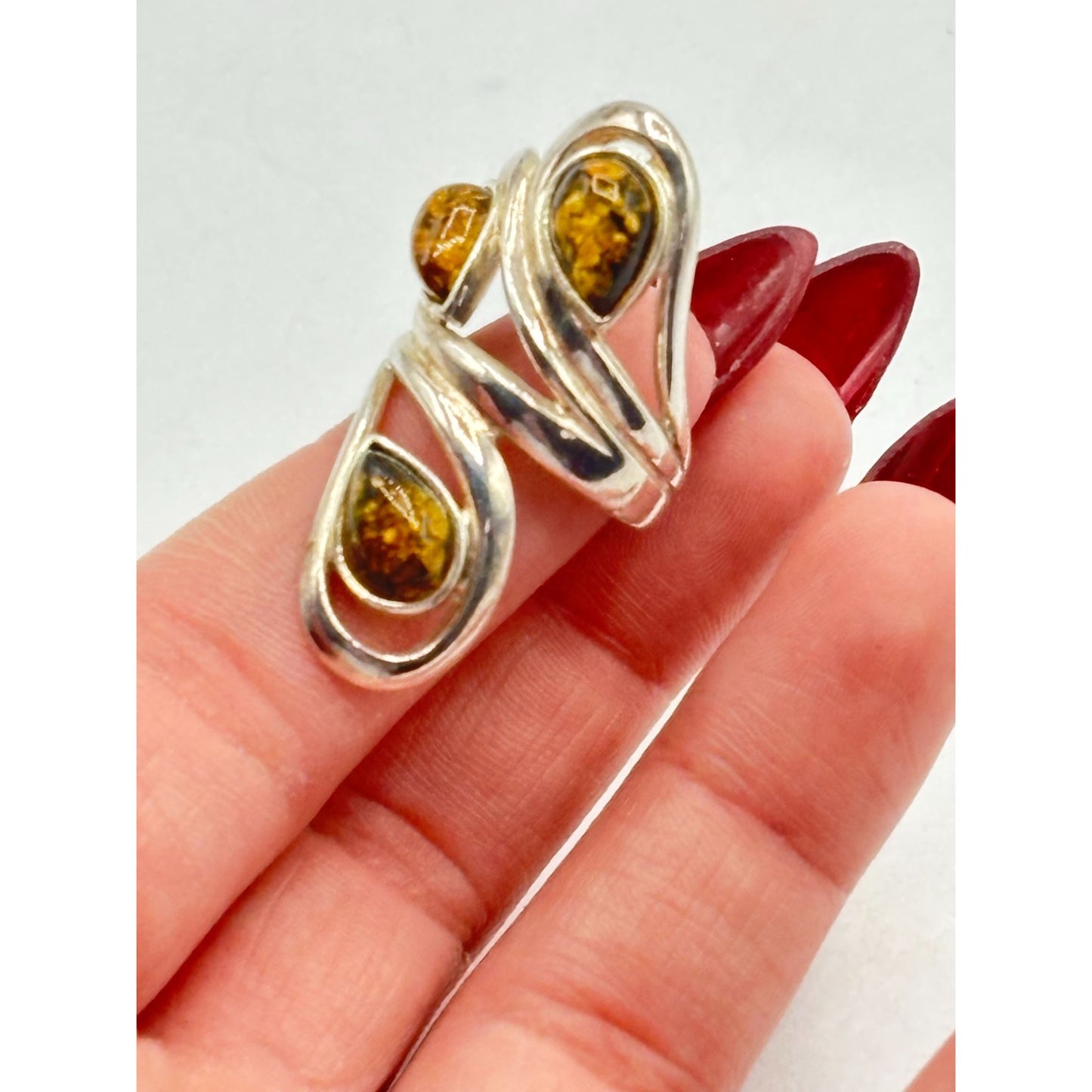 Sterling Silver 925 Amber Statement Ring Modern Swirl Design Size 5