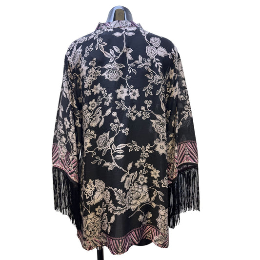 Johnny Was Black Floral Kimono Blouse With Fringe & Button Closure M
