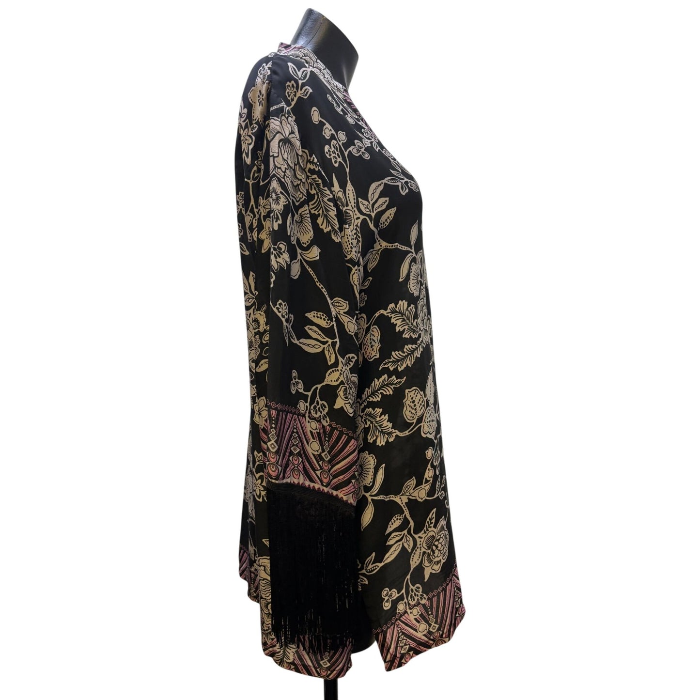 Johnny Was Black Floral Kimono Blouse With Fringe & Button Closure M