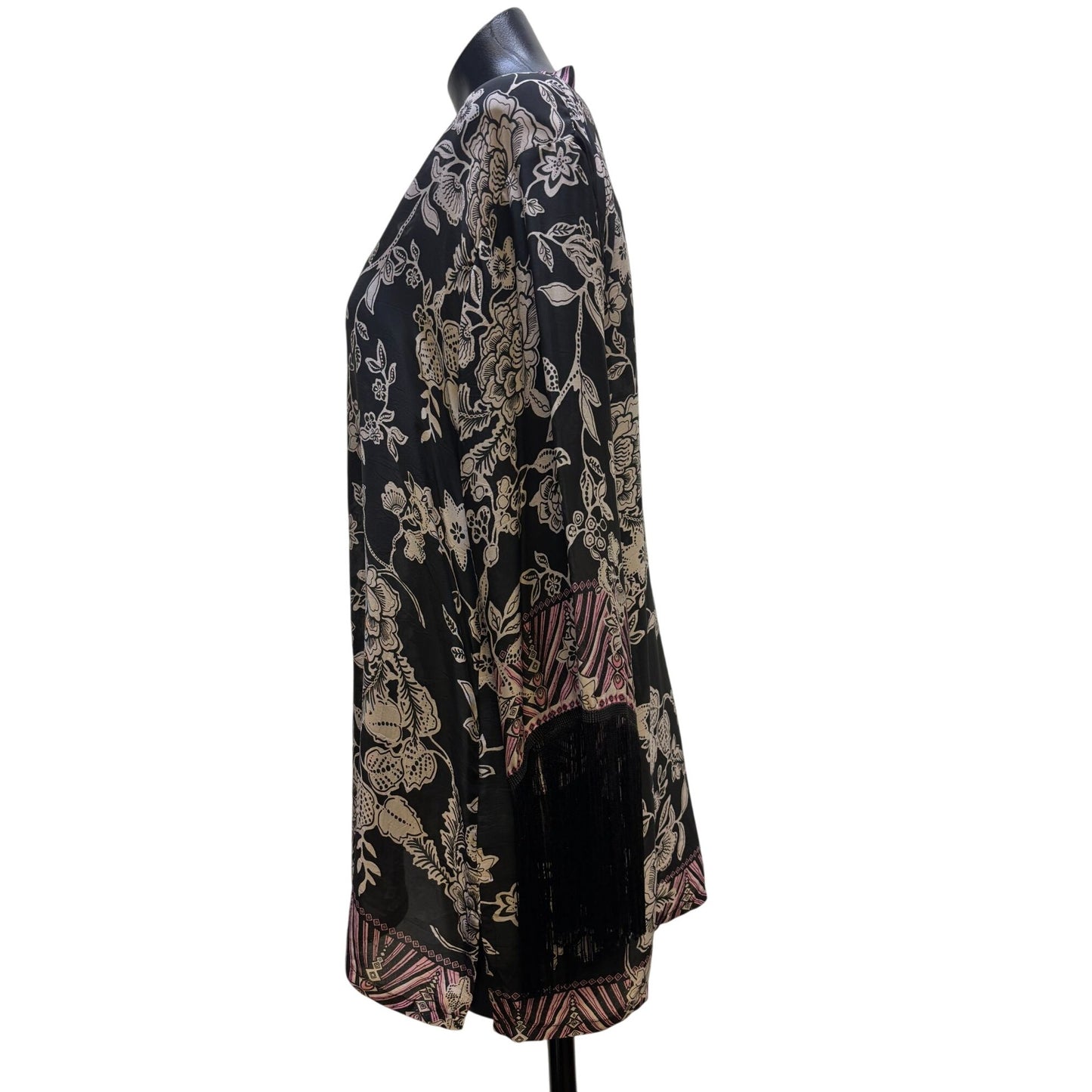 Johnny Was Black Floral Kimono Blouse With Fringe & Button Closure M