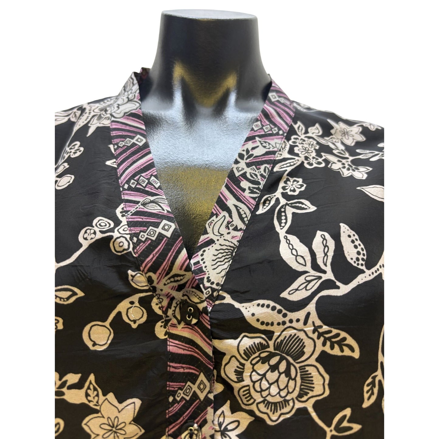 Johnny Was Black Floral Kimono Blouse With Fringe & Button Closure M