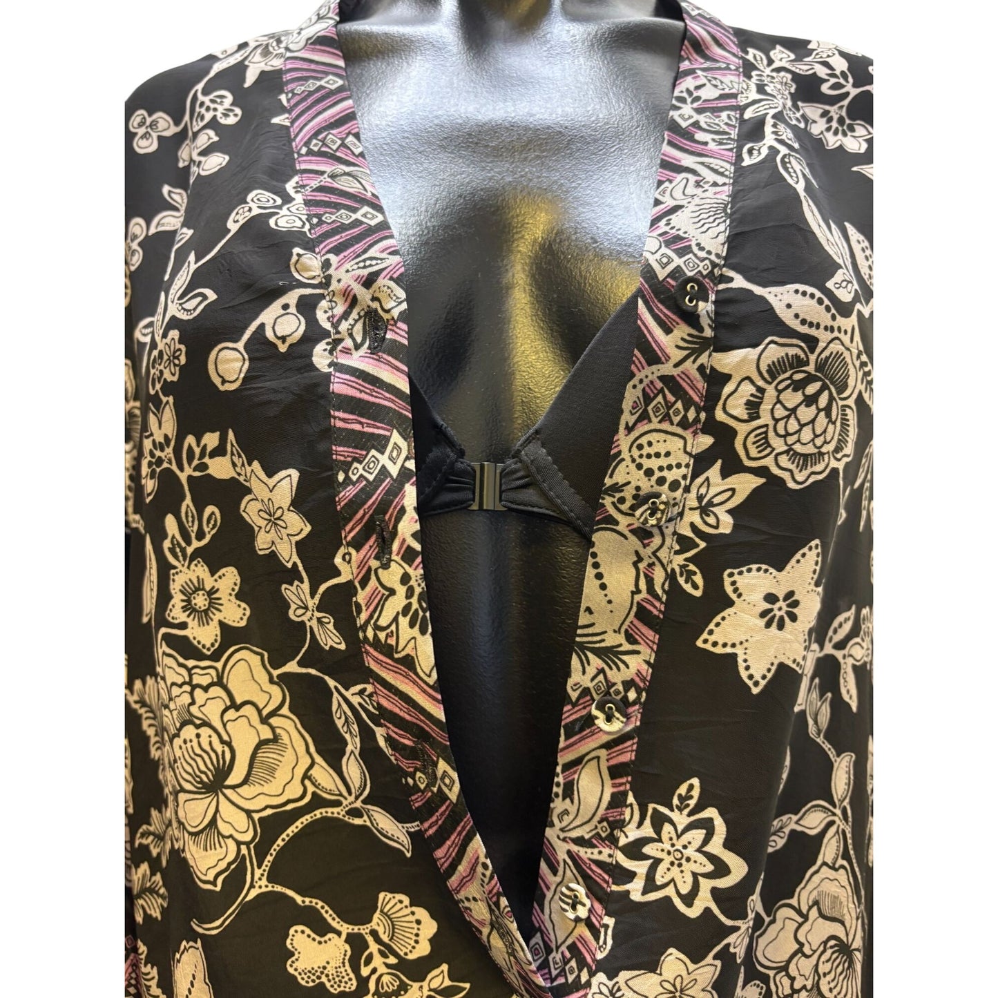 Johnny Was Black Floral Kimono Blouse With Fringe & Button Closure M