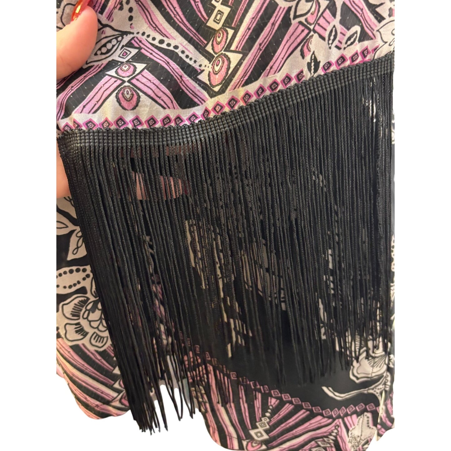 Johnny Was Black Floral Kimono Blouse With Fringe & Button Closure M