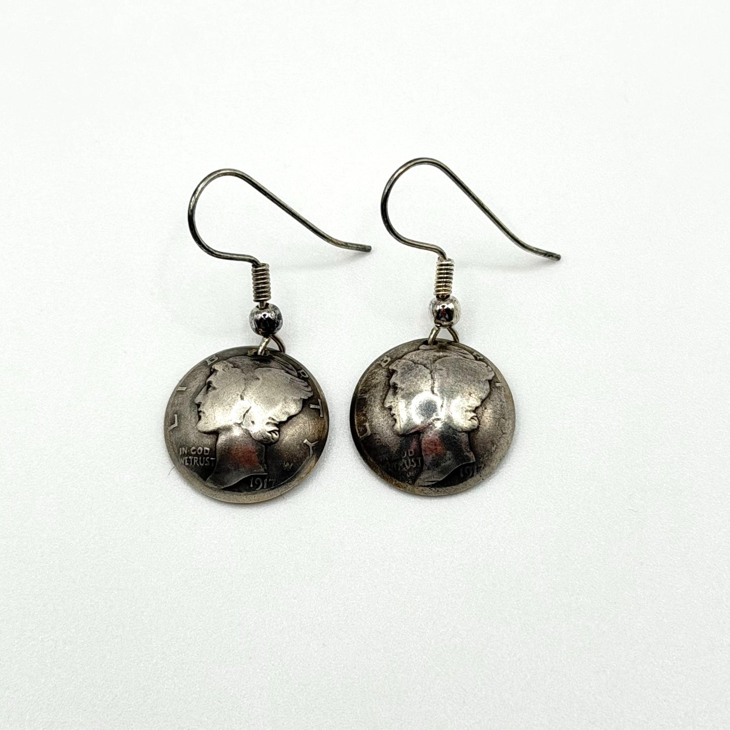 Vintage 1917 Mercury Dime Coin Silver Earrings Handcrafted Sterling Silver