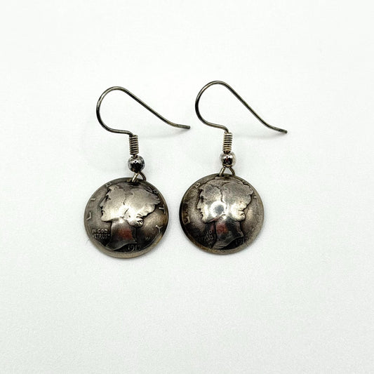 Vintage 1917 Mercury Dime Coin Silver Earrings Handcrafted Sterling Silver