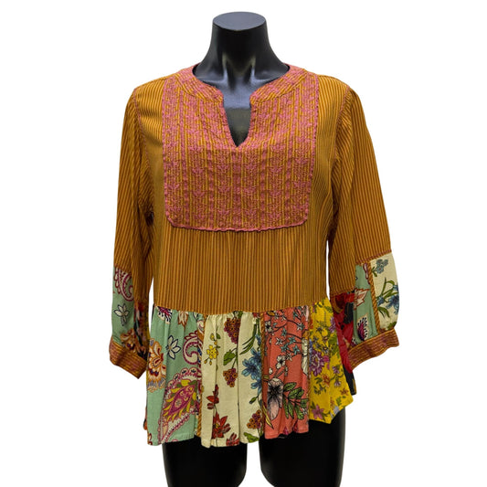 John Mark Orange Multi Floral Hem Blouse Embroidered S