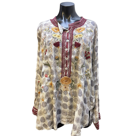 Johnny Was Embroidered Button-Up Tunic w/Floral & Geometric Patterns Long Sleeves Size L